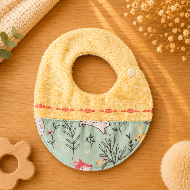 Bavoir artisanal bébé T1 en fibre de bambou jaune pastel avec tissu animaux de la forêt