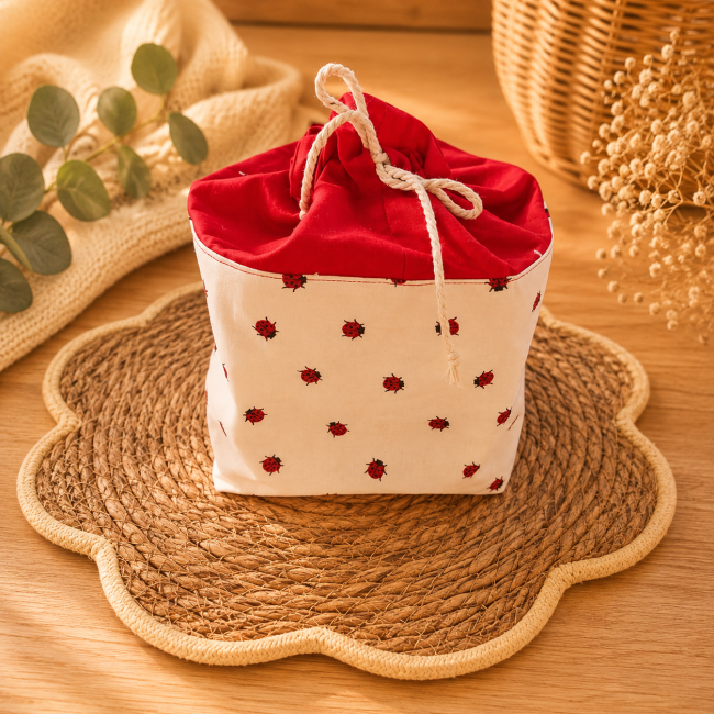 Pochon artisanal en coton motif coccinelles pour ranger les lingettes lavables