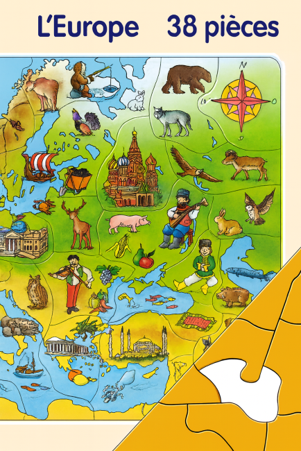 Puzzle Europe pour enfants – Carte illustrée avec monuments, animaux et personnages – 38 pièces