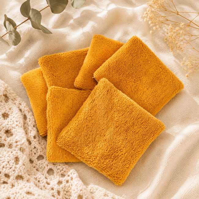 Lingettes démaquillantes lavables en fibre de bambou moutarde douce et absorbante