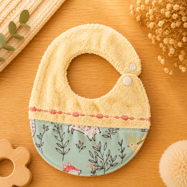 Gros plan du bouton pression du bavoir artisanal bébé en fibre de bambou