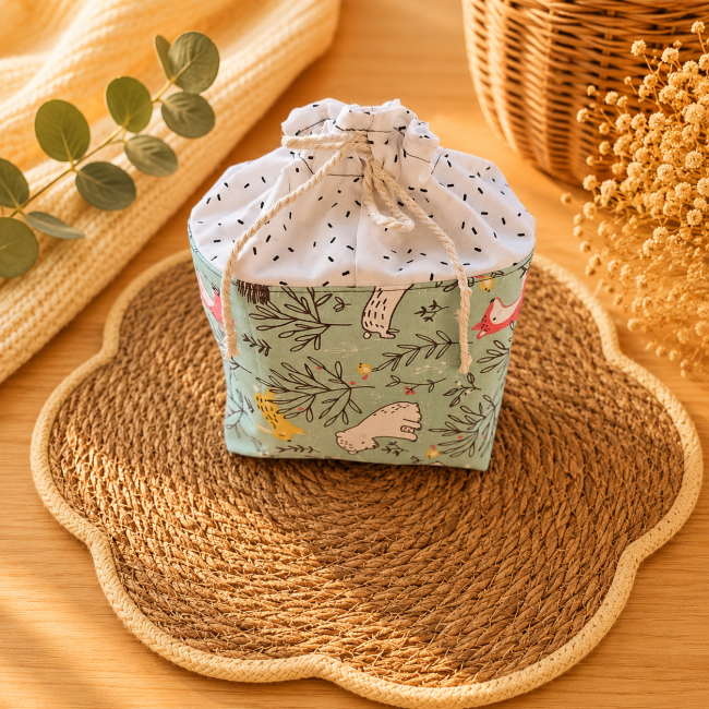 Pochon artisanal en tissu motif animaux de la forêt pour ranger des lingettes lavables