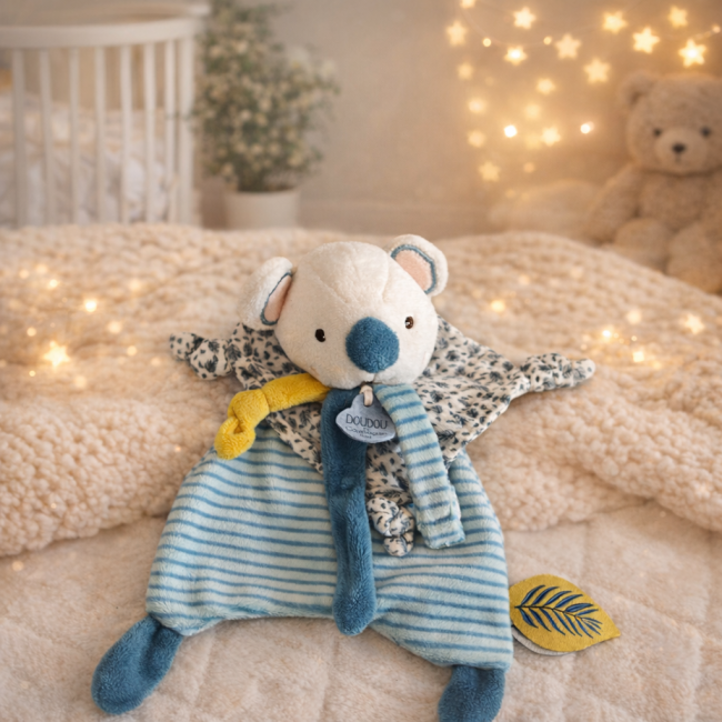 Doudou koala bleu Doudou et Compagnie doudou koala bleu Doudou et Compagnie posé sur couverture douce