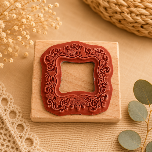 Tampon Stampin’ Up! en bois avec motif cadre floral et arabesques