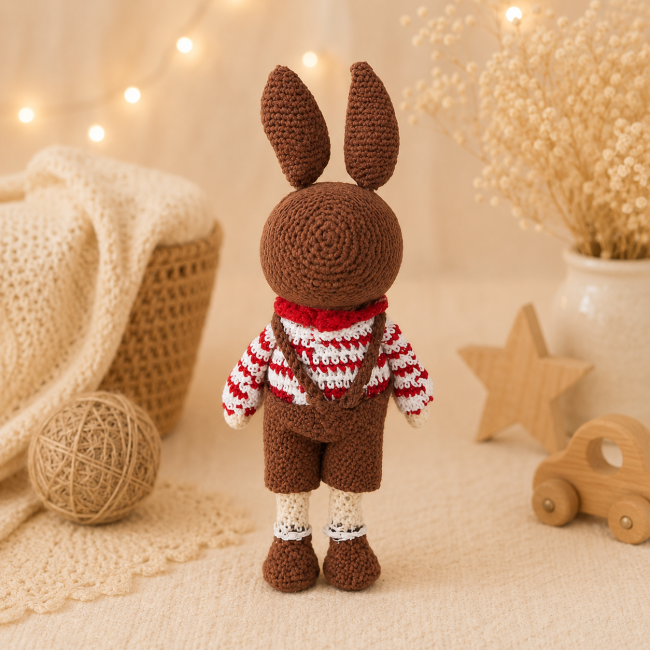 Lapin crochet artisanal dos cosy Dos d’un lapin artisanal au crochet avec tenue marron et rouge dans une ambiance chaleureuse