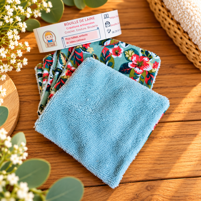 Lingettes lavables en bambou – lot de 6 6 lingettes lavables artisanales en bambou motif floral et végétal