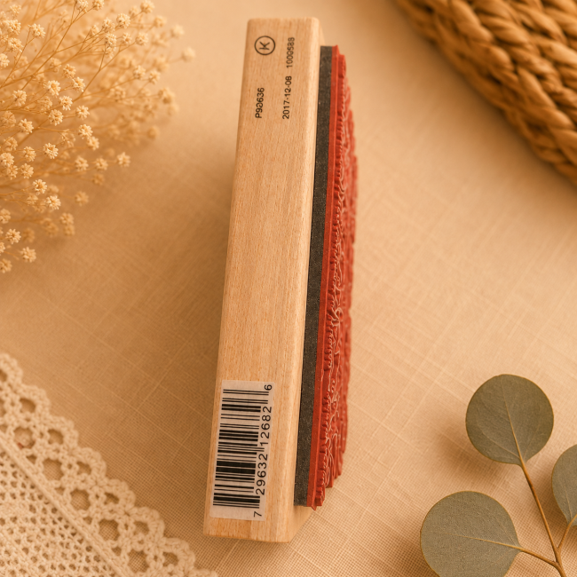 Vue latérale du tampon en bois Outlines avec référence et code-barres