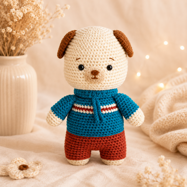 Détail peluche chien au crochet Gros plan sur une peluche chien amigurumi au crochet aux couleurs bleu et terracotta