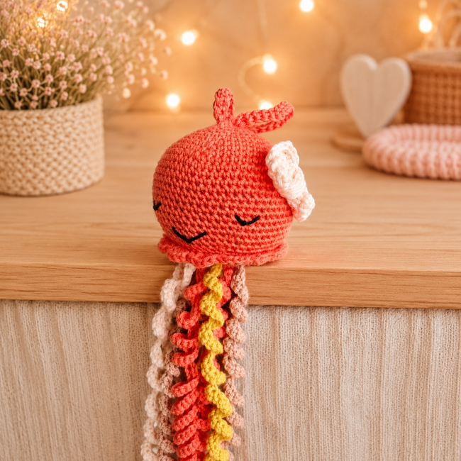 Pieuvre en crochet orange, posé sur un canapé gris dans une ambiance chaleureuse et décorative.