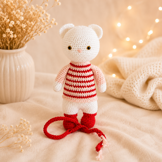 Peluche moufette blanche au crochet avec robe rayée rouge et écharpe assortie