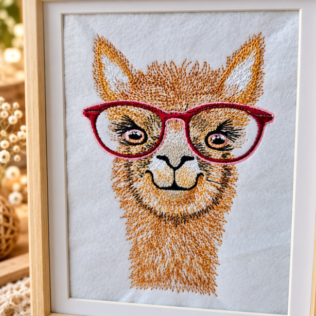 Gros plan sur les lunettes rouges brodées à la machine du lama sur feutrine blanche