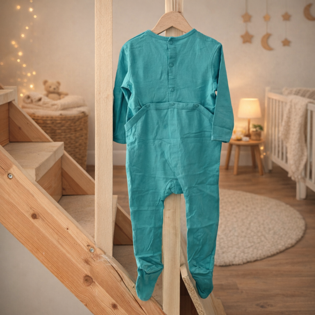 Pyjama bébé turquoise CROCRO 18 mois, vue de dos avec boutons-pression.