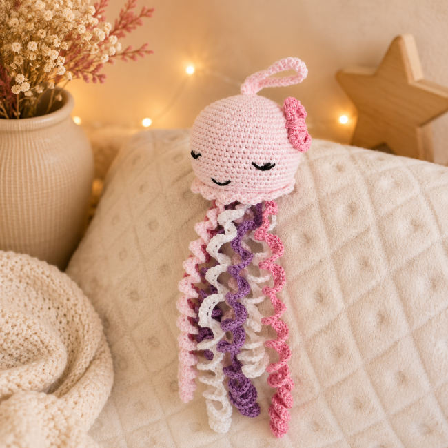Détail de la tête et des tentacules d’une pieuvre crochetée artisanale