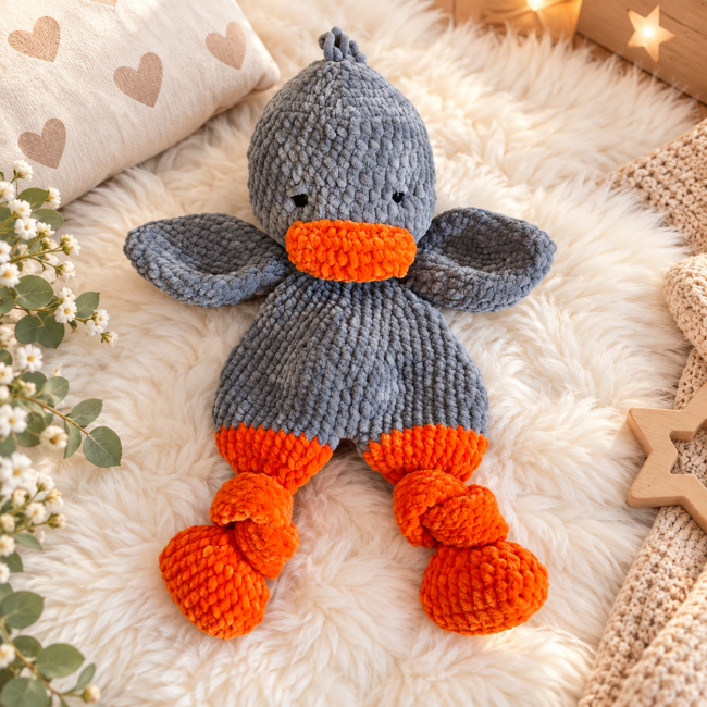 Doudou canard fait main en crochet gris et orange avec ailes
