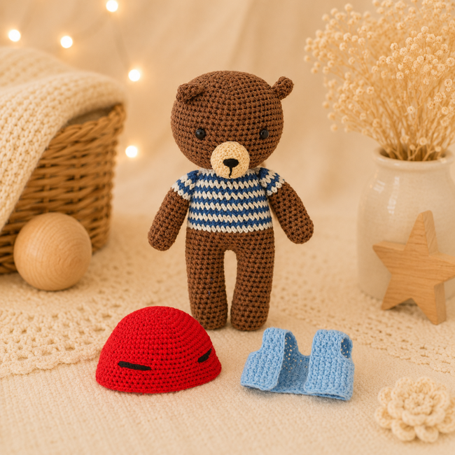 Dos d’un ours fait main au crochet avec bonnet rouge et gilet bleu dans une ambiance douce