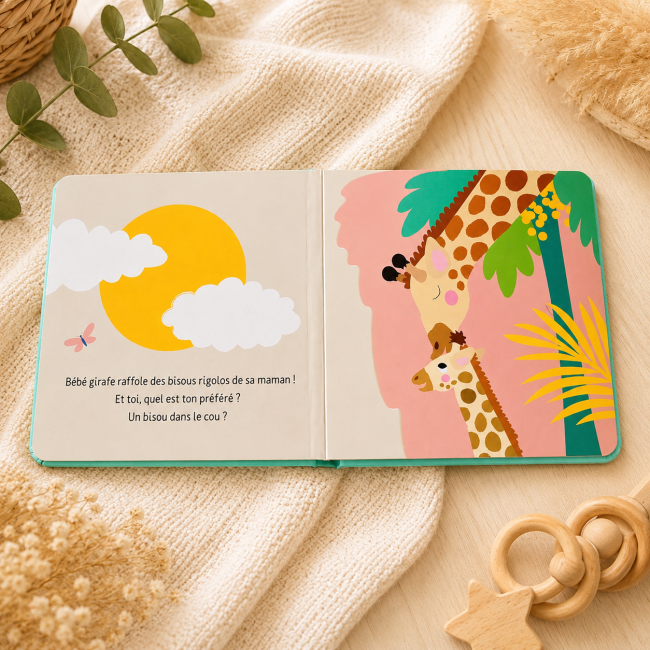 Page intérieure livre bébé avec girafes et illustration colorée dans une ambiance cocooning