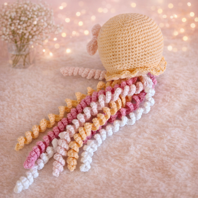 Pieuvre crochetée – création poétique Bouille de Laine Dos de pieuvre en crochet abricot et pastel, posée sur fond rose poudré avec lumière douce