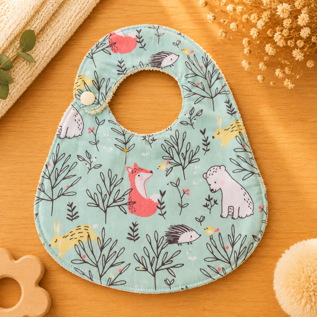 Dos du bavoir artisanal bébé T2 en coton imprimé animaux de la forêt et feuillage