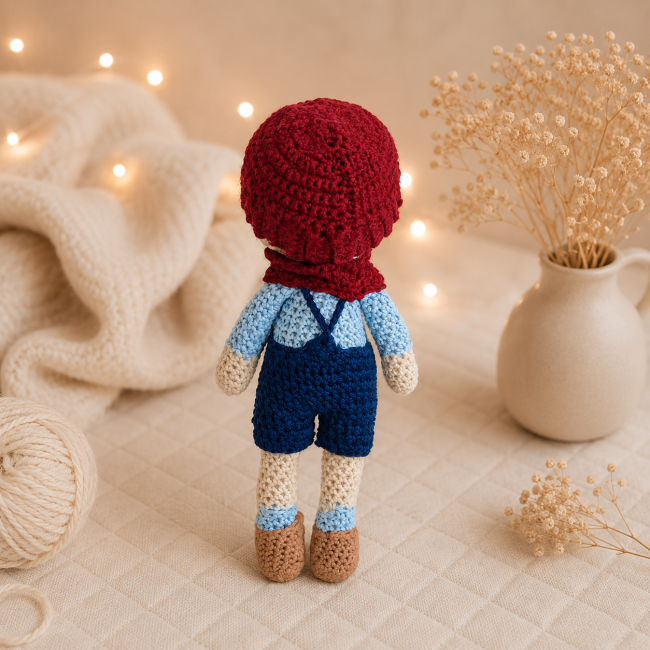 Dos de la poupée garçon au crochet avec bonnet rouge et salopette bleue, création artisanale faite main