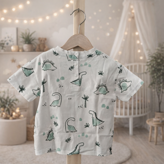 T-shirt enfant blanc à imprimé dinosaures, suspendu sur cintre dans une chambre bébé lumineuse et cosy