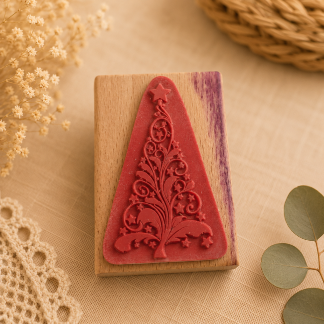 Tampon bois vintage sapin et arabesques Tampon en bois de seconde main avec motif sapin rouge et arabesques
