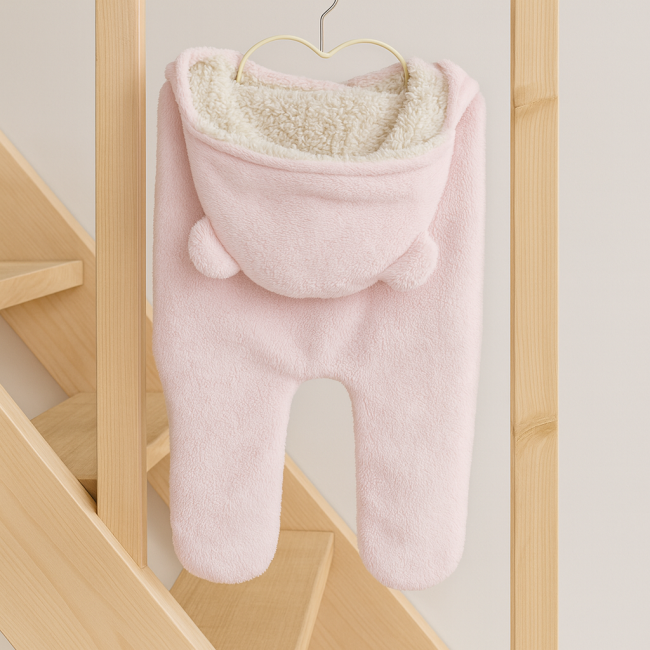 Grenouillère rose bébé avec capuche à oreilles, suspendue sur cintre cœur – vêtement seconde main chaud