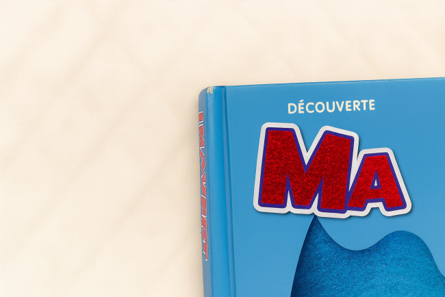 Partie supérieure d’une couverture de livre bleu avec le mot 