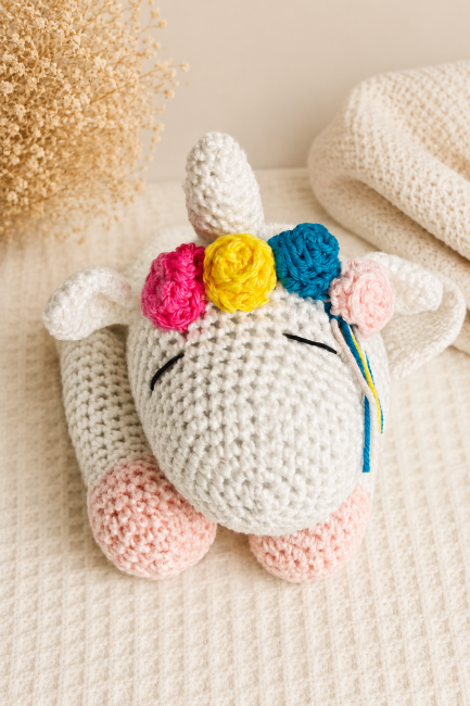 Licorne artisanale au crochet blanche avec détails roses et crinière colorée sur fond chaleureux