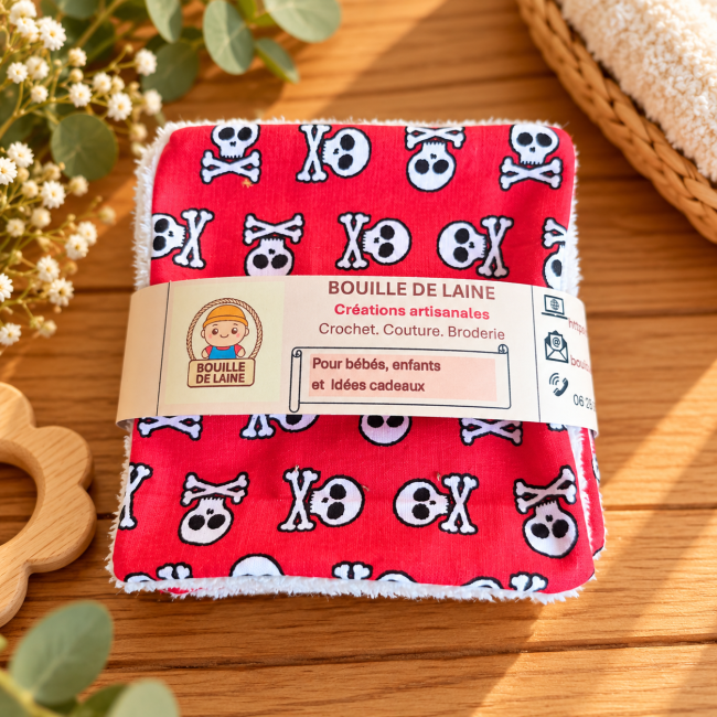 Lot de 6 lingettes lavables en bambou motif têtes de mort rouge