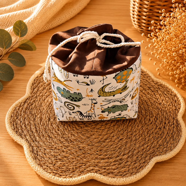 Pochon artisanal en coton motif Safari pour rangement de lingettes lavables