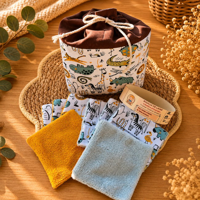 Lingettes lavables en fibre de bambou avec pochon artisanal motif animaux Safari