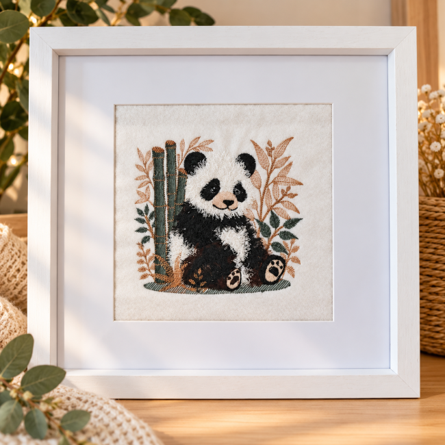 Tableau brodé panda artisanal avec bambous et feuillages