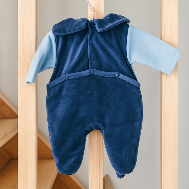 Pyjama bébé en velours bleu, manches longues et jambes couvertes, seconde main