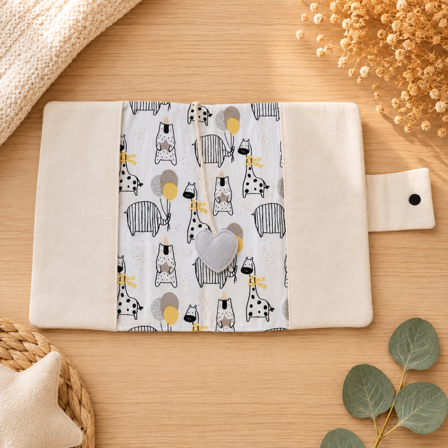 Intérieur du protège-carnet de santé artisanal Protège-carnet de santé artisanal ouvert avec tissu animaux et marque-page cœur