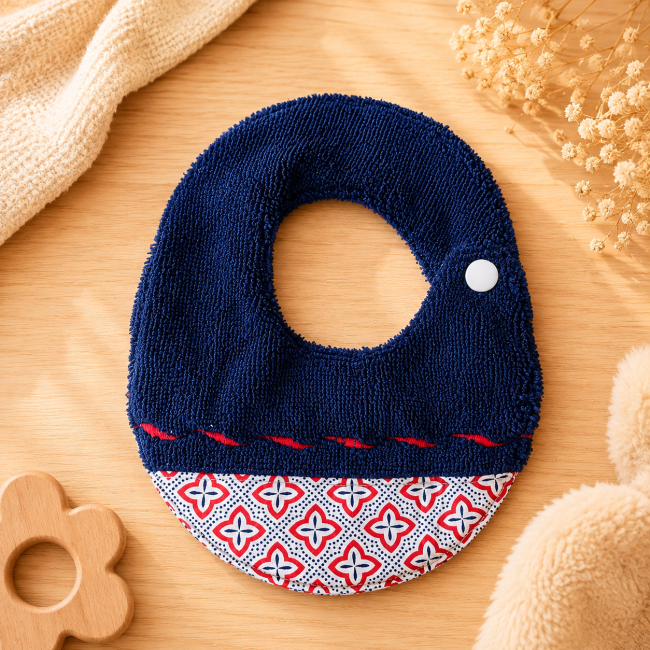 Bavoir artisanal bébé T1 en éponge bleu marine et coton imprimé