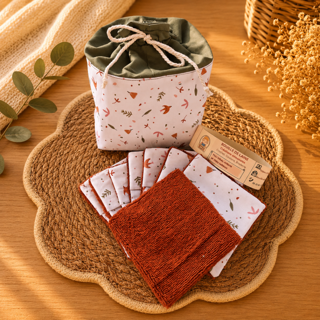 Lingettes lavables en fibre de bambou avec pochon artisanal motif feuilles d'automne