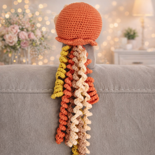 Pieuvre en crochet orange – jouet fait main Bouille de Laine Pieuvre en crochet orange posée sur un canapé gris, tentacules bouclés dans des tons chauds, avec ambiance lumineuse douce en arrière‑plan.