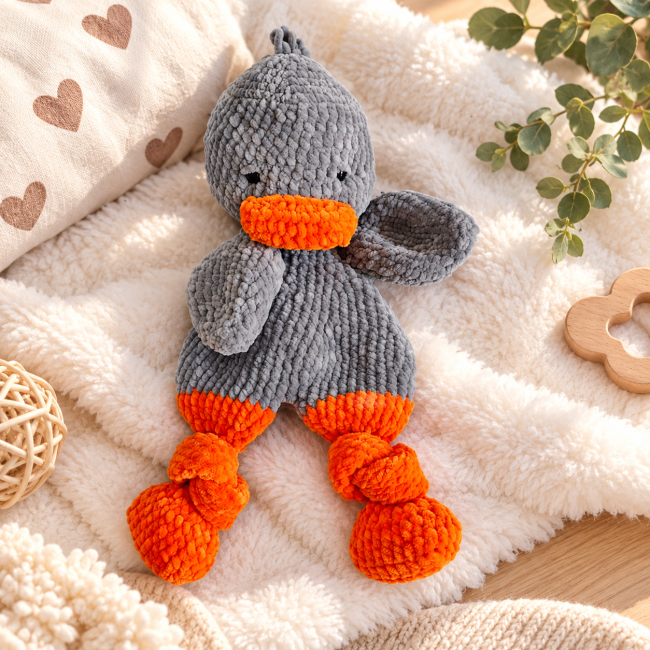 Doudou canard artisanal gris et orange au crochet vue de face
