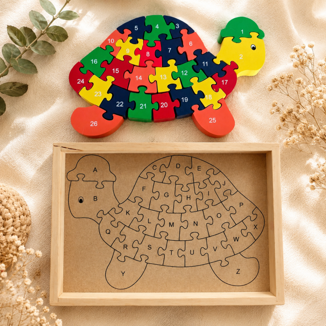 Puzzle tortue en bois et fond de sa boîte sans couvercle