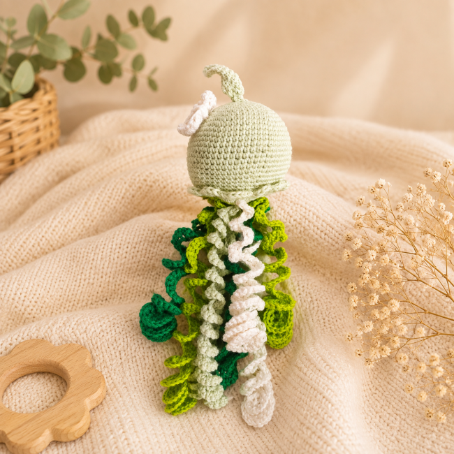 Vue arrière pieuvre artisanale au crochet Vue arrière de la pieuvre artisanale au crochet avec ses tentacules colorés