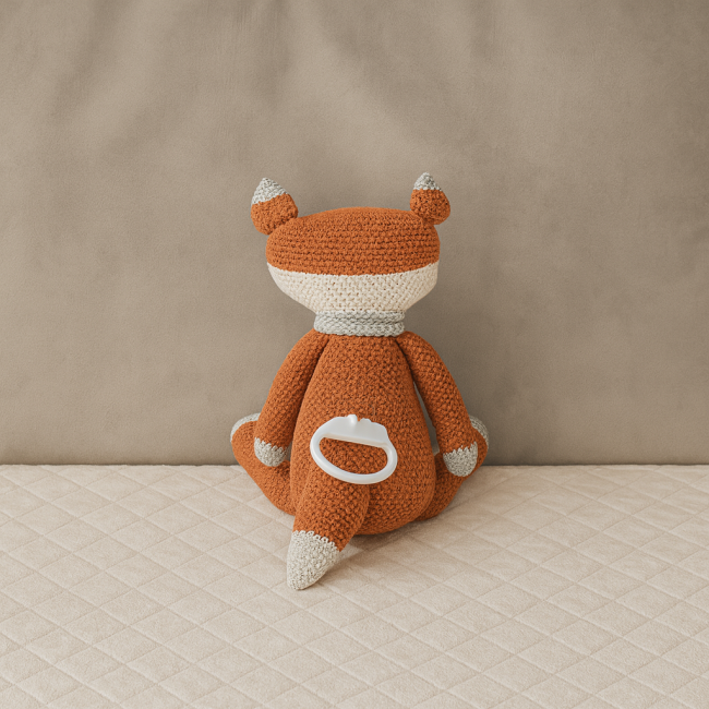 Renard en crochet artisanal avec anneau de boîte à musique posé sur couverture blanche
