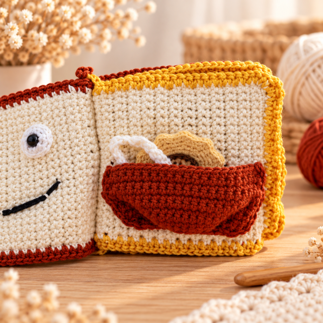 -Page interactive en crochet avec pochette et anneau pour motricité fine Livre sensoriel en crochet avec pochette rouge et hérisson