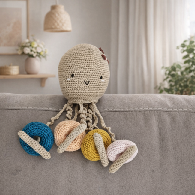 Pieuvre au crochet beige avec tentacules bouclés posée sur un canapé