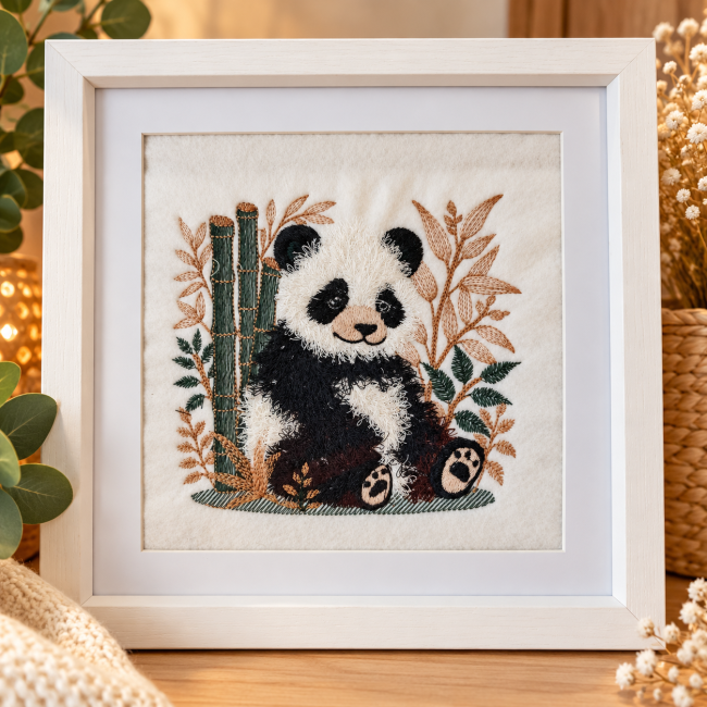Panda brodé en relief avec finition bouclette artisanale