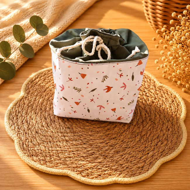 Pochon artisanal en coton motif feuilles d'automne pour rangement de lingettes lavables