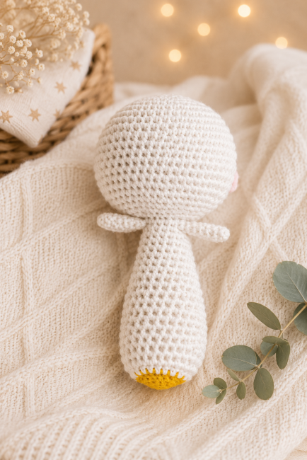 Hochet crochet bébé fait main – vue arrière dans un univers cocooning Dos d’un hochet canard artisanal au crochet présenté dans une ambiance douce pour bébé