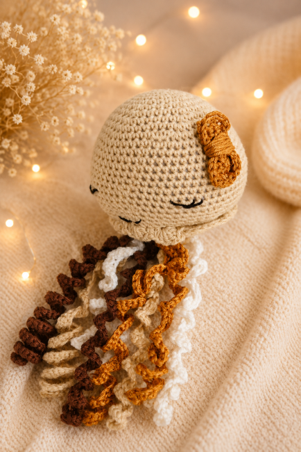 Gros plan sur une méduse amigurumi au crochet aux couleurs beige, blanc et marron