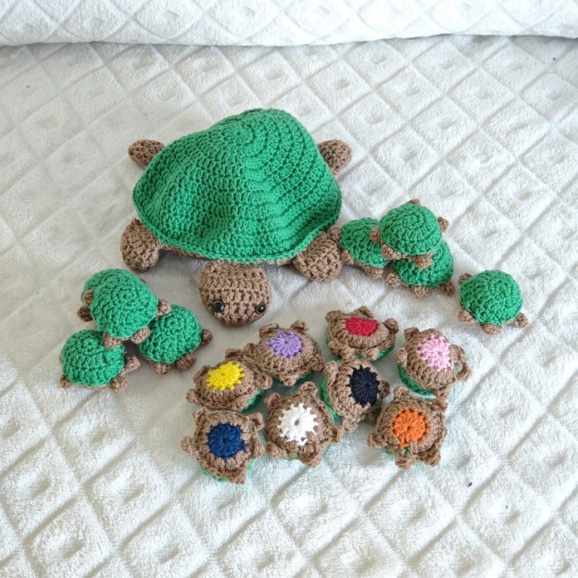 Ensemble de tortues crochetées avec carapaces colorées sur fond blanc