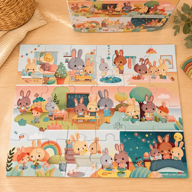 Puzzle Janod 24 pièces monté illustré de lapins pour enfant dès 3 ans