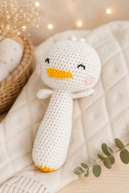 Hochet bébé canard au crochet – création artisanale douce et naturelle Hochet canard au crochet fait main posé sur une couverture douce dans une ambiance chaleureuse
